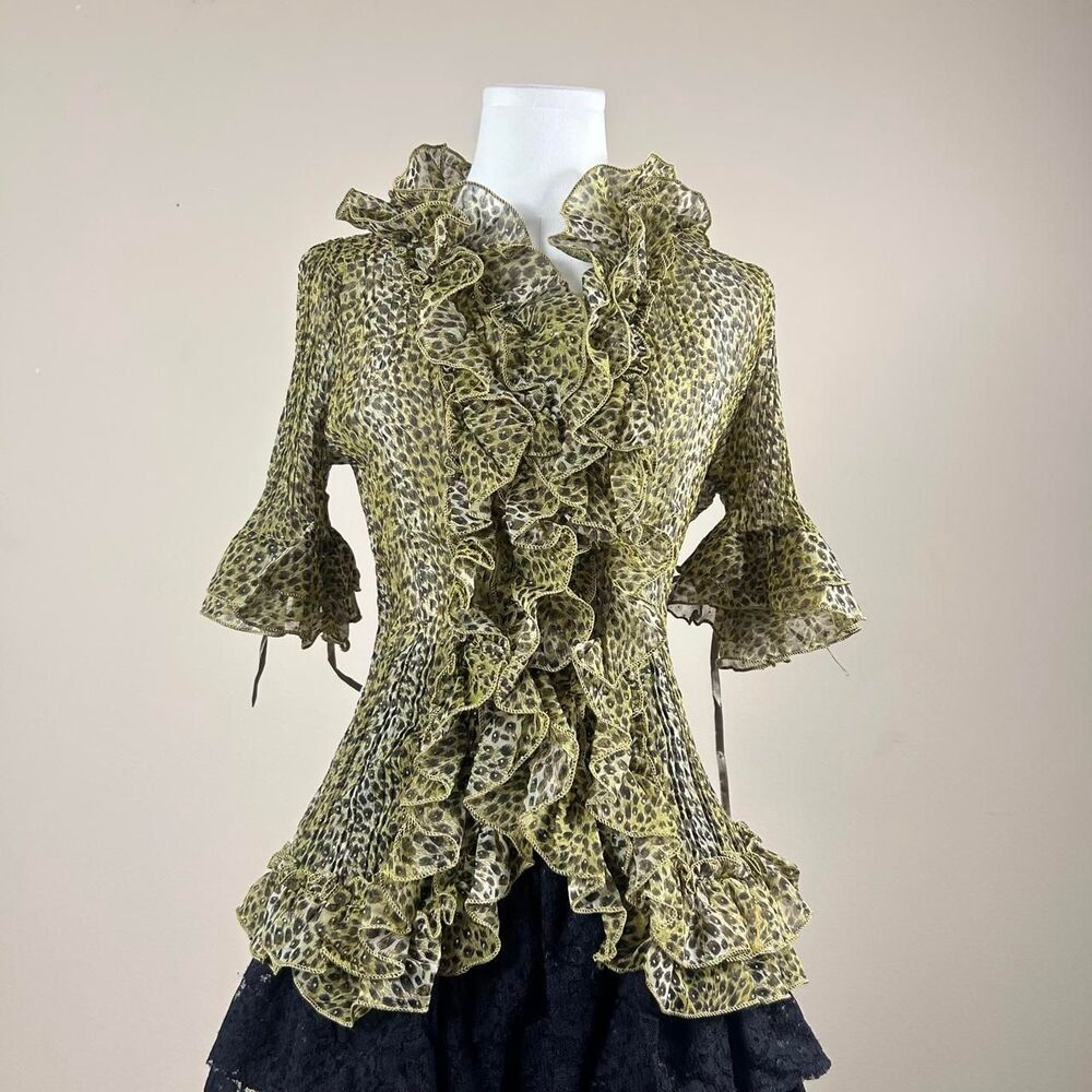 Gorgeous Y2K Deadstock Gold Leopard Print Ruffle Blouse